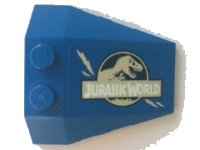 LEGO part Wedge 4 x 4 Triple with Stud Notches with Jurassic World Logo and Claw Scratch Marks on Blue Background Pattern Model Left Side (Sticker) - Set 75915 48933pb021L