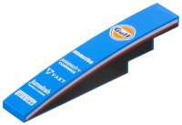 LEGO part Slope, Curved 6 x 1 with Dark Blue and Orange Gulf Logo, 'KOMATSU', 'INGENUITY COMMERCE', 'VAST', 'Jumeirah HOTELS & RESORTS' and 'PIRELLI' Logos, Black Panels with Red and White Stripes on Both Sides Pattern 6801pb08
