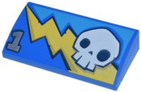 LEGO part Slope, Curved 2 x 4 x 2/3 with Bottom Tubes with Yellow Lightning Bolt, White Skull, and Silver Number 1 Pattern 88930pb038