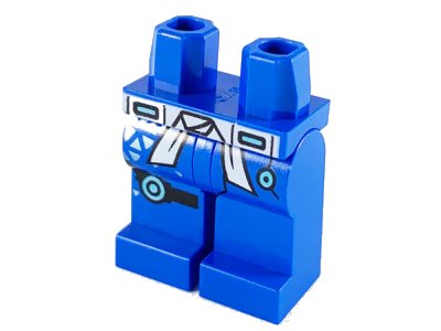 LEGO part Hips and Legs with White Sash, Silver Triangles, Black Right Knee Belt Pattern (970c00pb1051)