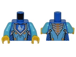 LEGO onderdeel Torso Nexo Knights Armor with Orange and Gold Circuitry and Blue Emblem with White Chicken Pattern / Medium Azure Arms / Yellow Hands (973pb2238c01)