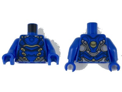 LEGO part Torso Female Armor, Black Panel Lines, Gold and Copper Highlights Pattern / Blue Arms / Blue Hands (973pb3389c01)