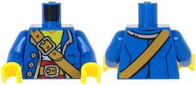 LEGO onderdeel Torso Pirate Coat Open with Silver Buttons and Trim over White Shirt and Red Sash, Medium Nougat Belts with Buckles, Yellow Neck Pattern / Blue Arms / Yellow Hands (973pb3956c01)