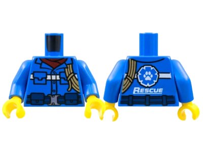 LEGO onderdeel Torso Button Up Shirt, Dark Red Scarf, White Stripe, Dark Tan Rope, Dark Blue Belt, 'RESCUE' on Back Pattern / Blue Arms / Yellow Hands (973pb4391c01)