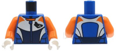 LEGO onderdeel Torso Racing Suit with Zipper, White, Orange and Dark Blue Panels, Black Shark Head Logo Pattern / Orange Arms / White Hands (973pb6560c01)
