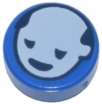 LEGO part Tile, Round 1 x 1 with White Head with Dark Blue Eyes and Mouth Pattern 98138pb356