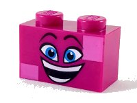 LEGO onderdeel Steen 1 x 2 met Zwarte Opgetrokken Wenkbrauwen, Donker Azure Ogen, Open Mond Glimlach met Tanden, en Donker Roze Vierkanten Patroon (Queen Watevra Wa'Nabi Gezicht) 3004pb186