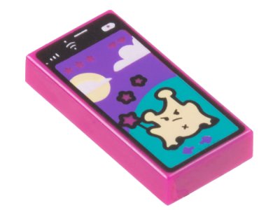 LEGO onderdeel Tile 1 x 2 with Cell Phone / Smartphone with Game with Bright Light Yellow Alien on Dark Turquoise Hill, Sun, Clouds, and Dark Purple Sky Pattern (3069pb1067)