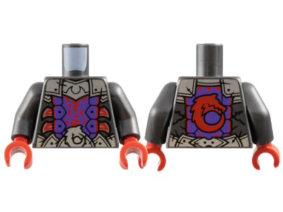 LEGO part Torso Dark Purple Armor, Silver Plates, Metallic Pink Blades, Red Trim and Wolf on Back Pattern / Pearl Dark Gray Arms / Red Hands (973pb5662c01)