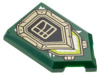 LEGO part Tile, Modified 2 x 3 Pentagonal with Black and Gold Shield, Ninjago Logogram Letter L in Square, and Lime and White Light Pattern 22385pb289