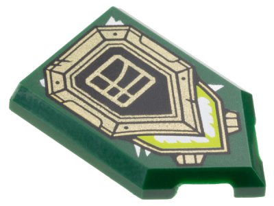 LEGO part Tile, Modified 2 x 3 Pentagonal with Black and Gold Shield, Ninjago Logogram Letter L in Square, and Lime and White Light Pattern (22385pb289)
