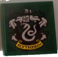 LEGO part Tile 2 x 2 with HP 'SLYTHERIN' House Crest on Dark Green Background Pattern (Sticker) - Set 71043 3068pb1231