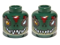 LEGO part Minifigure, Head Dual Sided Alien Chima Crocodile with Bright Light Orange Eye, Missing Eye, Red Forehead and Scar, Olive Green Lower Jaw, and White Sharp Teeth, Open / Closed Mouth Pattern 3626pb0888