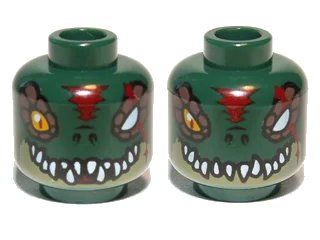 LEGO onderdeel Minifigure, Head Dual Sided Alien Chima Crocodile with Bright Light Orange Eye, Missing Eye, Red Forehead and Scar, Olive Green Lower Jaw, and White Sharp Teeth, Open / Closed Mouth Pattern (3626pb0888)