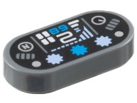 LEGO part Tile, Round 1 x 2 Oval with Dashboard with Dark Azure '89' / '68', White Number 2, Silver Capital Letter N in Circle, Dots and Gauge, Bright Light Blue Bar Graph and Lights on Black Background Pattern 1126pb008