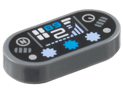 LEGO part Tile, Round 1 x 2 Oval with Dashboard with Dark Azure '89' / '68', White Number 2, Silver Capital Letter N in Circle, Dots and Gauge, Bright Light Blue Bar Graph and Lights on Black Background Pattern (1126pb008)