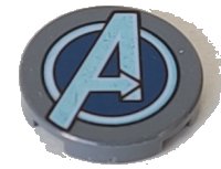 LEGO part Tile, Round 2 x 2 with Bottom Stud Holder with Silver Avengers Logo Pattern 14769pb259
