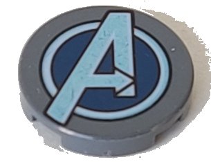 LEGO part Tile, Round 2 x 2 with Bottom Stud Holder with Silver Avengers Logo Pattern (14769pb259)