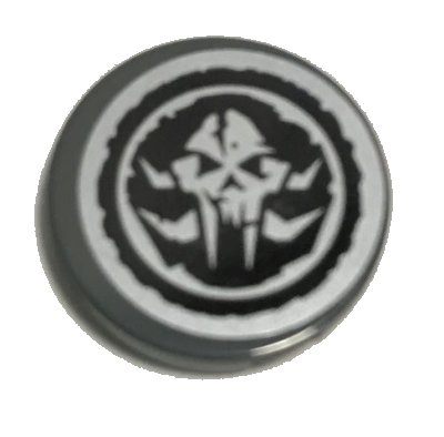 LEGO part Tile, Round 2 x 2 with Bottom Stud Holder with Alien Skull in Black Circle Pattern (Sticker) - Set 70228 (14769pb388)