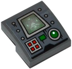 LEGO part Slope, Curved 2 x 2 x 2/3 with Silver Screen, 4 Red Buttons, Green Button, Green Light and 6 Rivets Pattern (Sticker) - Set 70601 (15068pb080)