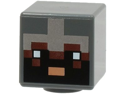 LEGO part Minifigure, Head, Modified Cube with Pixelated Reddish Brown Face, Black Eyes and Beard, Nougat Mouth and Silver Armor Pattern (Minecraft Netherite Knight) (19729pb069)
