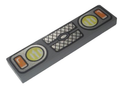 LEGO part Tile 1 x 4 with Yellow and Orange Headlights and Grille Pattern (2431pb0515)