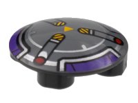 LEGO part Plate, Round 2 x 2 with Rounded Bottom with Dark Purple and Silver Border, 3 Spokes with Black and Yellow Danger Stripes and Red Dots Pattern 2654pb020