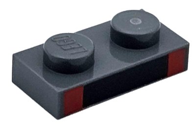 LEGO part Plate 1 x 2 with Black Rectangle and 2 Red Squares Pattern (3023pb06)