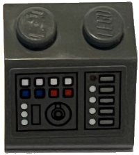 LEGO part Schräge 45 2 x 2 mit Bedienfeld mit Rundem Drehknopf, Weißen, Roten und Blauen Tasten und Hellgraublauem Anzeigen Muster (Aufkleber) - Set 75315 3039pb157