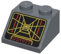 LEGO part Slope 45 2 x 2 with Screen with SW Trench Computer with Yellow Lines and Red '001977' on Black Background Pattern 3039pb159