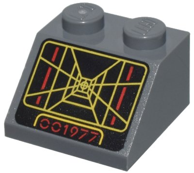 LEGO part Slope 45 2 x 2 with Screen with SW Trench Computer with Yellow Lines and Red '001977' on Black Background Pattern (3039pb159)