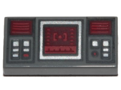 LEGO part Tile 1 x 2 with SW Dark Red Target Screen, Dark Red and Silver Buttons Pattern (3069pb0777)