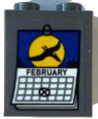 LEGO part Slope 65 2 x 2 x 2 with Bottom Tube with White 'FEBRUARY' Calendar Page, Black Pteranodon and Yellow Moon Pattern (Sticker) - Set 75941 3678bpb126