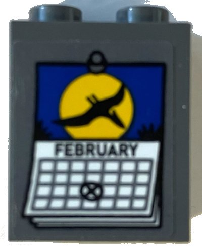 LEGO part Slope 65 2 x 2 x 2 with Bottom Tube with White 'FEBRUARY' Calendar Page, Black Pteranodon and Yellow Moon Pattern (Sticker) - Set 75941 (3678bpb126)