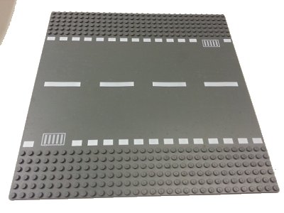LEGO part Baseplate, Road 32 x 32 6-Stud Straight with White Dashed Lines and Storm Drain Pattern (44336px4)