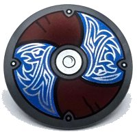 LEGO part Minifigure, Shield Circular Convex Face with Blue and Dark Red Alternating Panels with Silver Center Circle and Odin's Ravens Pattern 75902pb28