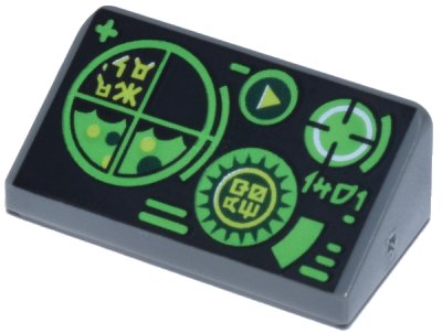 LEGO part Slope 30 1 x 2 x 2/3 with Green Gauges and Radar Screen on Black Background Pattern (85984pb176)