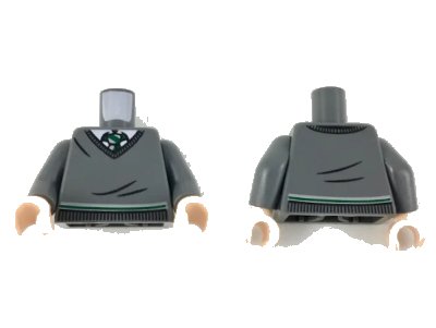 LEGO onderdeel Torso V-Neck Sweater, White Collar, Green and White Tie and Waist Trim (Slytherin) Pattern / Dark Bluish Gray Arms / Light Nougat Hands (973pb3193c01)