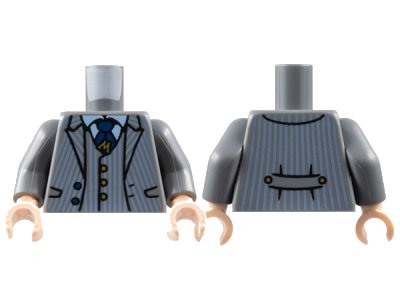 LEGO part Torso Jacket and Vest with Sand Blue Pinstripes, Dark Blue Tie, Gold Letter M Tack and Buttons Pattern / Dark Bluish Gray Arms / Light Nougat Hands (973pb4898c01)