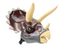 LEGO part Dinosaur Head Triceratops with Pin, Tan Horns and Beak, Dark Red Markings, and Tan Scars Pattern TriHeadc01pb03