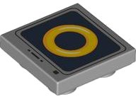 LEGO part Tile, Modified 2 x 2 Inverted with Yellow Ring on Black and Dark Blue Striped Screen with Buttons Pattern 11203pb102