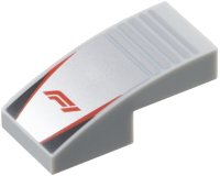 LEGO part Slope, Curved 2 x 1 x 2/3 with Formula 1 Logo Stylized Red 'F1' on Silver Background with Notches, Red Stripes, Black Triangles Pattern 11477pb220
