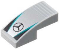 LEGO part Slope, Curved 2 x 1 x 2/3 with Mercedes Logo on Silver Background with Notches, Dark Turquoise Stripes, Black Triangles Pattern 11477pb223