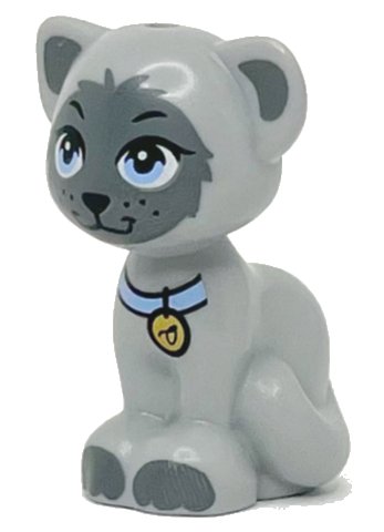 LEGO part Cat, Friends / Elves, Sitting with Bright Light Blue Eyes and Collar with Gold Tag, Black Nose, Dark Bluish Gray Ears, and Patches Pattern (Gertrude) (11602pb13)