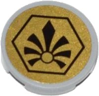 LEGO part Tile, Round 2 x 2 with Bottom Stud Holder with Black Chima Logo in Hexagon on Gold Background Pattern (Sticker) - Set 70123 14769pb007