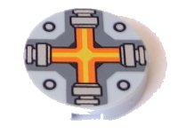 LEGO part Tile, Round 2 x 2 with Bottom Stud Holder with Orange and Yellow Cross Pattern 14769pb087