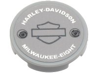LEGO part Carreau, Rond 2 x 2 with Bottom Stud Holder with Silver 'HARLEY-DAVIDSON' and 'MILWAUKEE-EIGHT' Pattern (Sticker) - Set 10269 14769pb302b