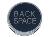LEGO part Tile, Round 2 x 2 with Bottom Stud Holder with Metallic Silver 'BACK SPACE' Pattern 14769pb450