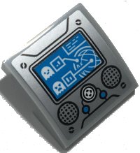 LEGO part Pente, Courbe 2 x 2 x 2/3 avec Écran Bleu Foncé Azure et Boutons, Fantômes Blancs et Pavé Directionnel, Motif Haut-parleurs Noirs sur Fond Argenté (Autocollant) - Set 70435 15068pb356