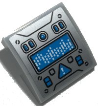 LEGO part Pente, Courbe 2 x 2 x 2/3 avec Écran Bleu Foncé Azure, Boutons et Triangle d'Avertissement sur Motif Fond Argenté (Autocollant) - Set 70435 15068pb358